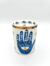 Load image into Gallery viewer, Beautiful Gold & Blue White Ceramic Hamsa Scented Candle