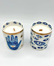 Load image into Gallery viewer, Beautiful Gold & Blue White Ceramic Hamsa Scented Candle