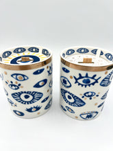 Load image into Gallery viewer, Beautiful Gold, Blue & White Ceramic "Evil Eye" Candle