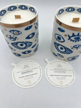 Load image into Gallery viewer, Beautiful Gold, Blue &amp; White Ceramic "Evil Eye" Candle
