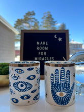 Load image into Gallery viewer, Beautiful Gold, Blue &amp; White Ceramic "Evil Eye" Candle
