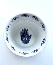 Load image into Gallery viewer, Beautiful Gold &amp; Blue White Ceramic Hamsa Scented Candle
