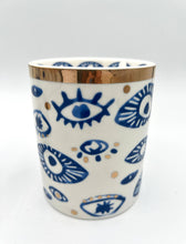 Load image into Gallery viewer, Beautiful Gold, Blue &amp; White Ceramic "Evil Eye" Candle
