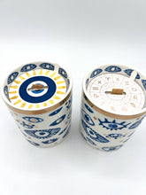 Load image into Gallery viewer, Beautiful Gold, Blue &amp; White Ceramic "Evil Eye" Candle
