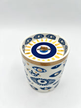 Load image into Gallery viewer, Beautiful Gold, Blue &amp; White Ceramic "Evil Eye" Candle
