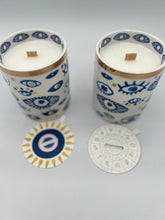 Load image into Gallery viewer, Beautiful Gold, Blue &amp; White Ceramic "Evil Eye" Candle
