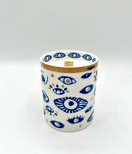 Load image into Gallery viewer, Beautiful Gold, Blue &amp; White Ceramic "Evil Eye" Candle
