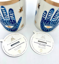Load image into Gallery viewer, Beautiful Gold &amp; Blue White Ceramic Hamsa Scented Candle
