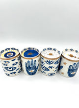 Load image into Gallery viewer, Beautiful Gold, Blue &amp; White Ceramic "Evil Eye" Candle
