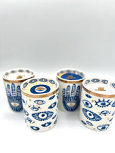 Load image into Gallery viewer, Beautiful Gold &amp; Blue White Ceramic Hamsa Scented Candle
