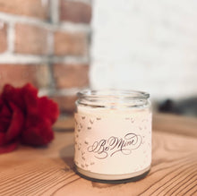 Load image into Gallery viewer, Be Mine.  Valentines Day Candle w/ Rose Quartz &amp; White Label

