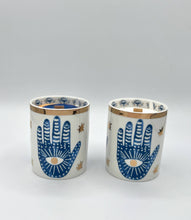 Load image into Gallery viewer, Beautiful Gold &amp; Blue White Ceramic Hamsa Scented Candle
