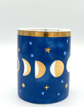Load image into Gallery viewer, Beautiful Gold, Blue &amp; White Ceramic Moon Phases Candle
